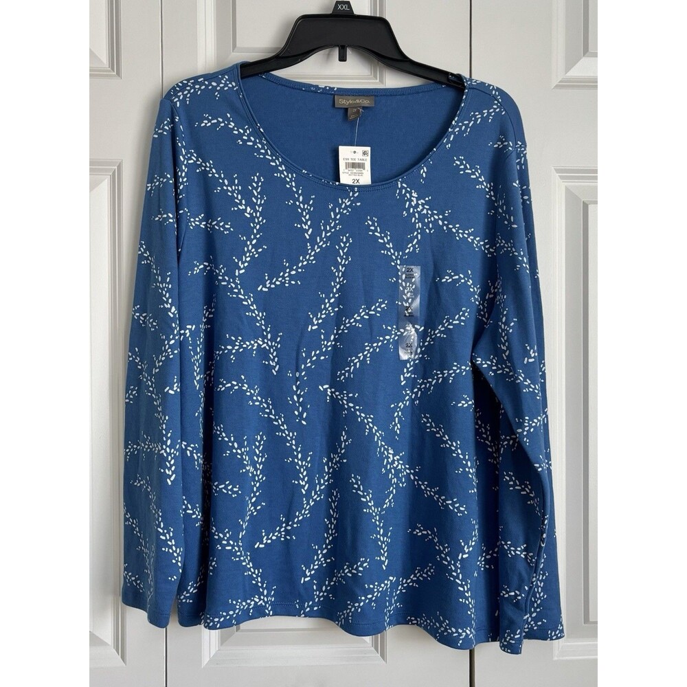 STYLE & CO. WOMENS TOP DOTTED BLUE PULLOVER LONG SLEEVE SCOOP NECK COTTON/POLYES